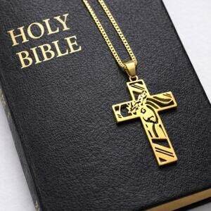 Gold Tone Crown of Thorns Cross Necklace 18k Plated 22” 1mm Box Chain